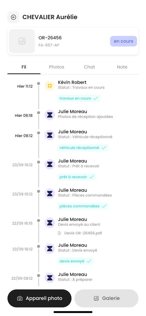 Un ordre dans l'application atelier